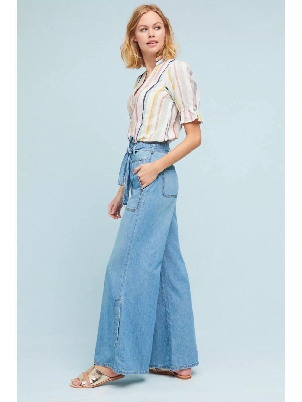 Anthropologie Pilcro Light Blue High Rise Wide-Leg Tie-Waist Jeans - Picture 3 of 15